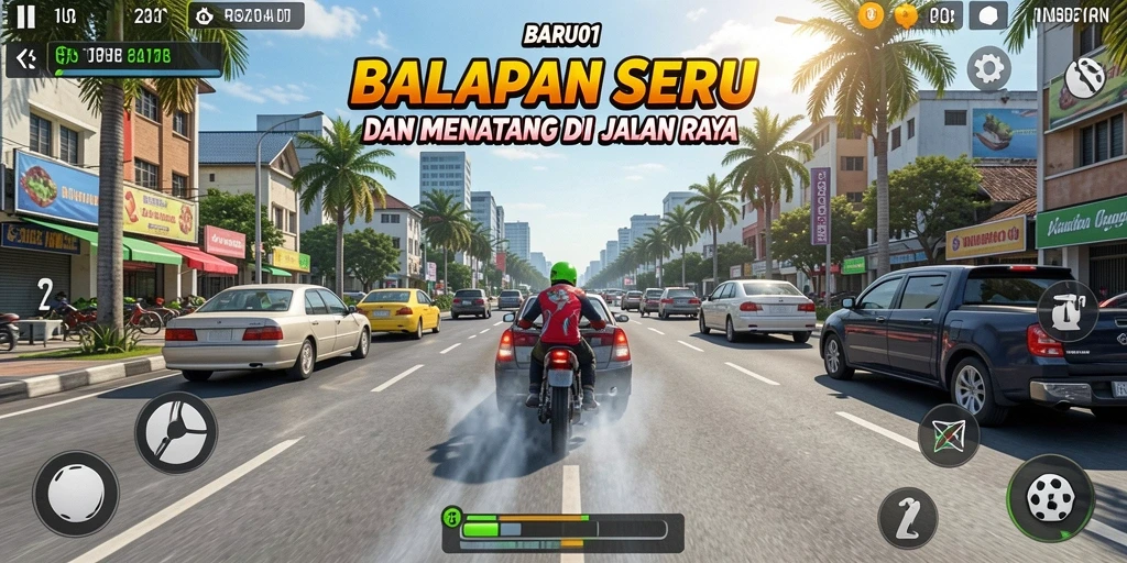 Tangkapan layar menampilkan balapan seru di BARU01 dengan grafis memukau.