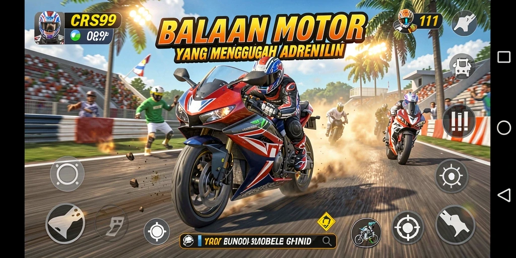 Screenshot gameplay CRS99 menampilkan balapan motor yang seru dan mendebarkan.