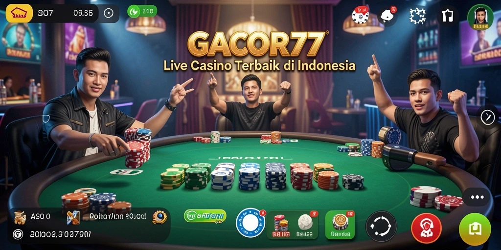 Tangkapan layar GACOR77 menampilkan dealer profesional dalam permainan Live Casino.