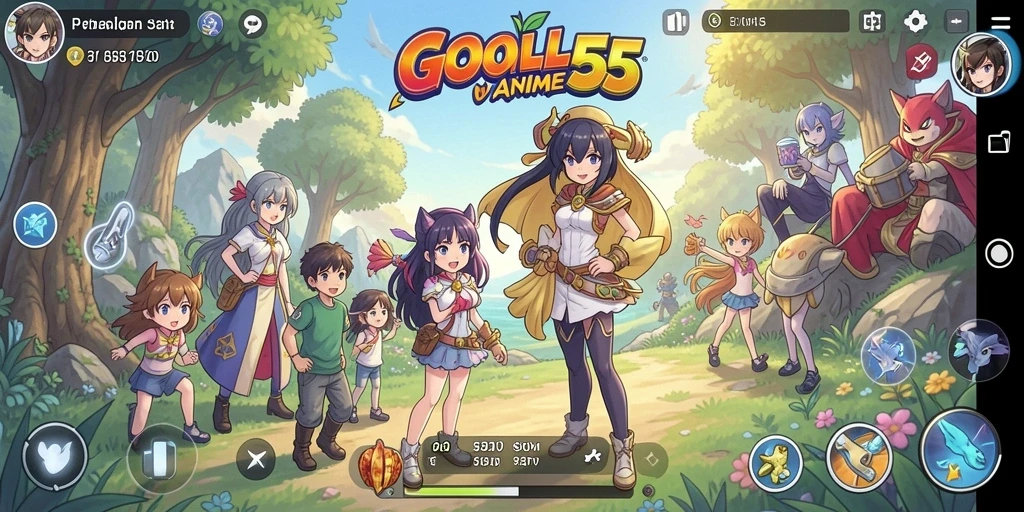 Screenshot gameplay GOAL55 menunjukkan karakter anime yang beraksi di medan petualangan.