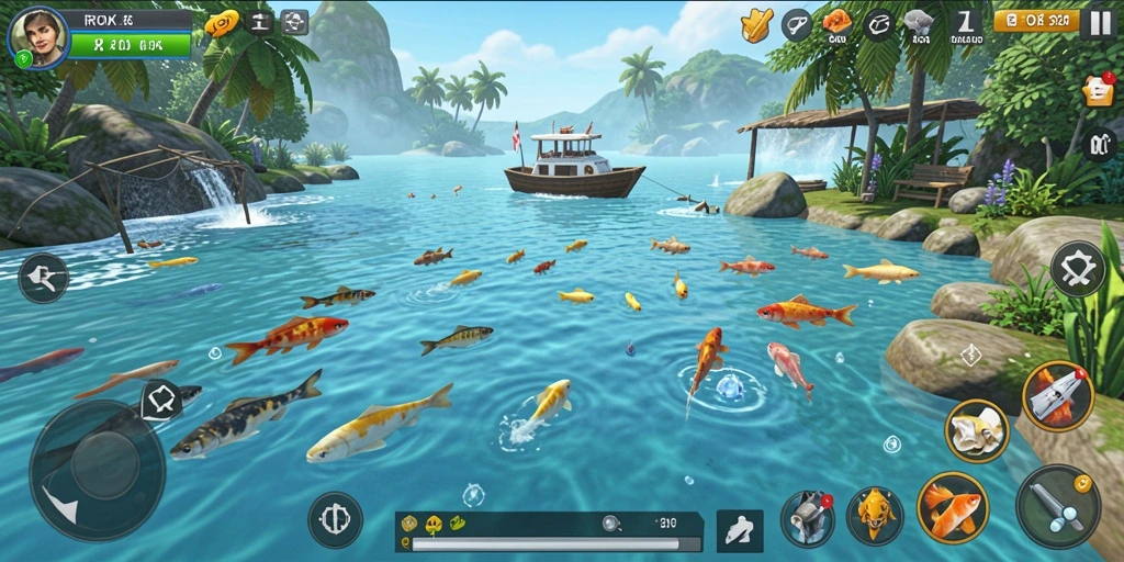 Tampilan gameplay RPOK yang menampilkan aksi memancing yang seru.