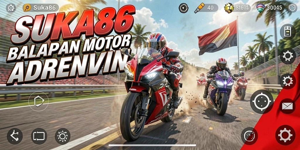 Screenshot dari gameplay <strong>SUKA86</strong>, menunjukkan aksi balapan motor yang intens.