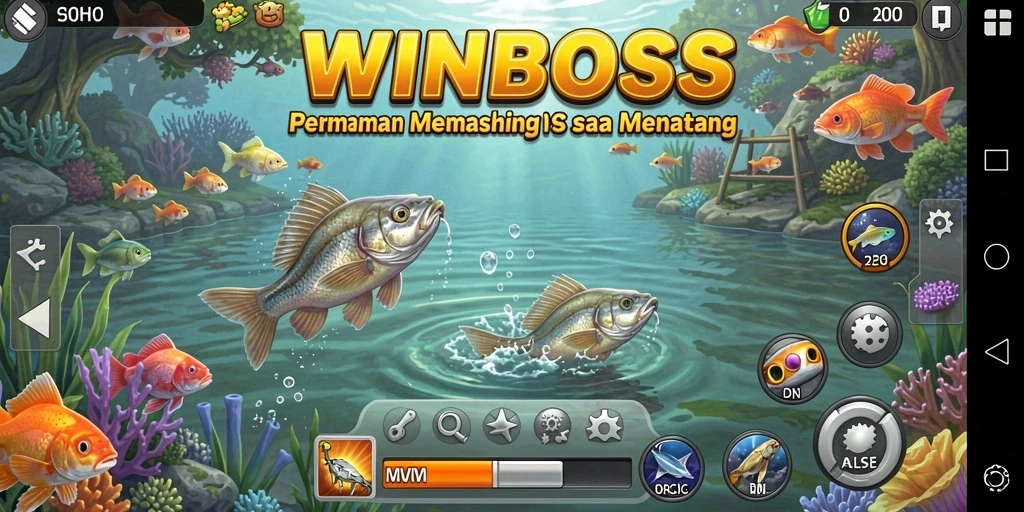 Screenshot gameplay WINBOSS menunjukkan suasana memancing yang menarik dan penuh warna.
