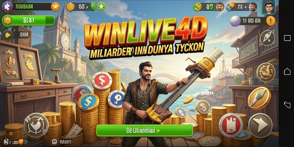 Tangkapan layar gameplay WINLIVE4D menunjukkan aksi membangun kerajaan bisnis.